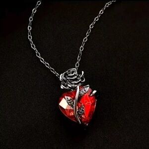 Radiant Red Heart Necklace with Silver Rose